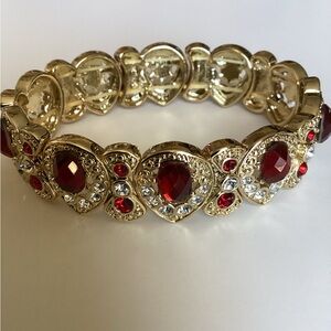 Gold Stretch Bracelet with Red Gemstones & Faux Diamonds